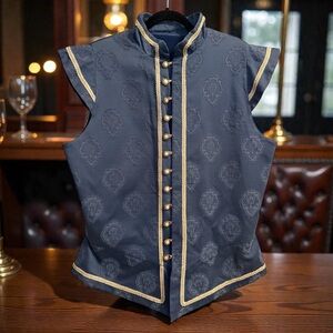 Renaissance Medieval Brocade Jerkin Vest Blue Gold Trim Heraldic Lion Doublet